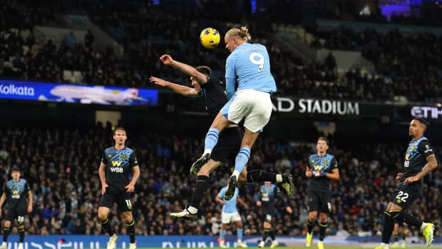 Manchester City striker Erling Haaland pictured (no.9) during his team's 3-1 win over Burnley in January 2024